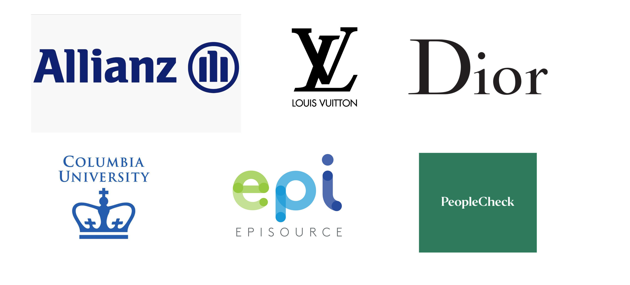 a grid of six company logos, arranged in two rows of three. Top row, from left to right: the Allianz logo in blue; the black Louis Vuitton LV monogram; and the black Dior wordmark. Bottom row, from left to right: the blue Columbia University crest; the epiSource logo in green and blue; and the PeopleCheck logo, featuring white text on a green square.