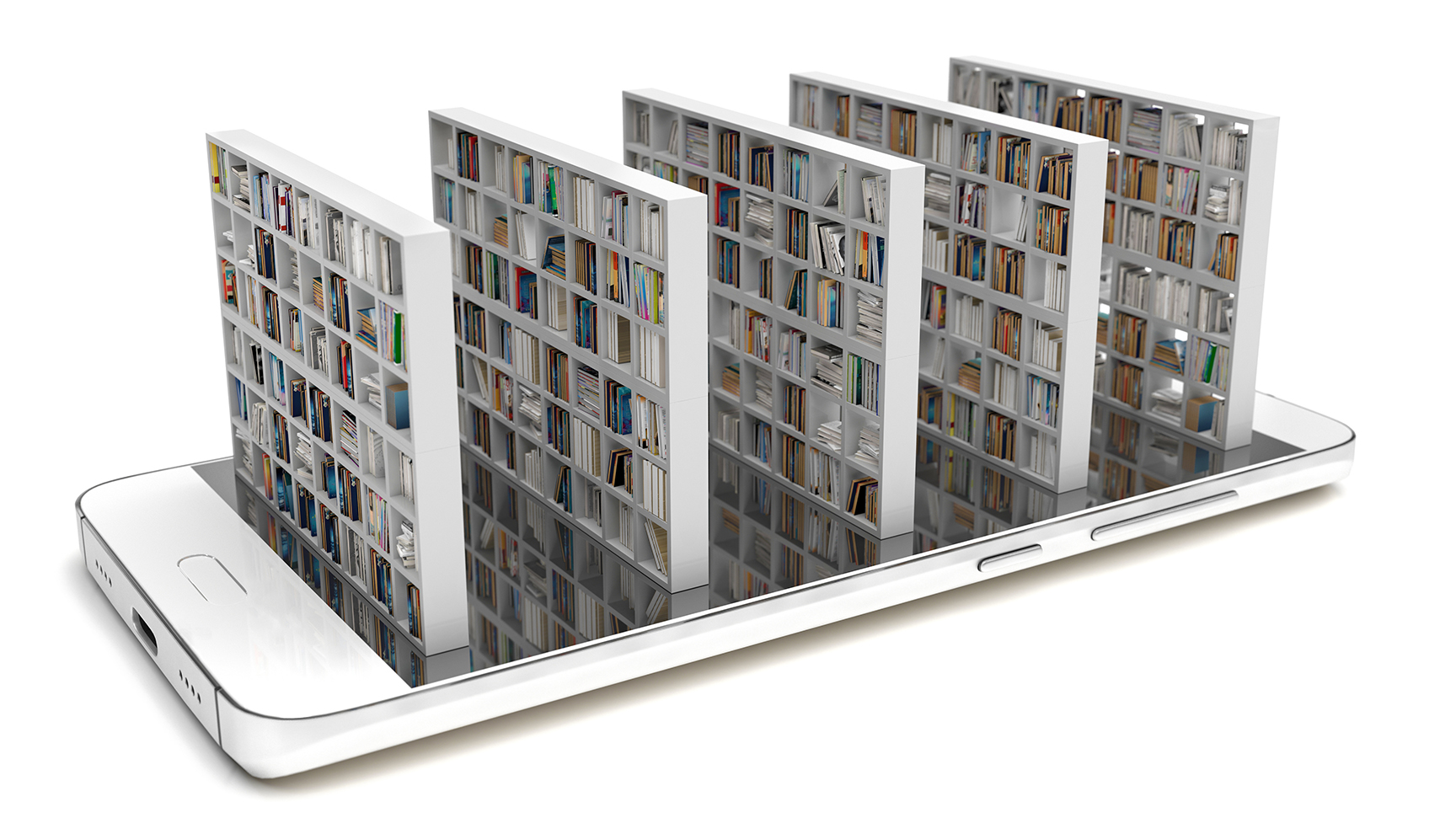 A conceptual digital illustration shows a large white smartphone lying flat on a white surface. Emerging vertically from the phone’s screen are several tall, white bookshelves arranged in a row. Each bookshelf is filled with colorful books and magazines, representing a vast digital library. The shelves appear three-dimensional and realistic, giving the impression that a physical library is coming to life from within the device. The phone’s details — including the home button, charging port, and side buttons — are visible, emphasizing the connection between modern technology and access to unlimited information. The image symbolizes e-libraries, digital learning, and the convenience of mobile access to knowledge.