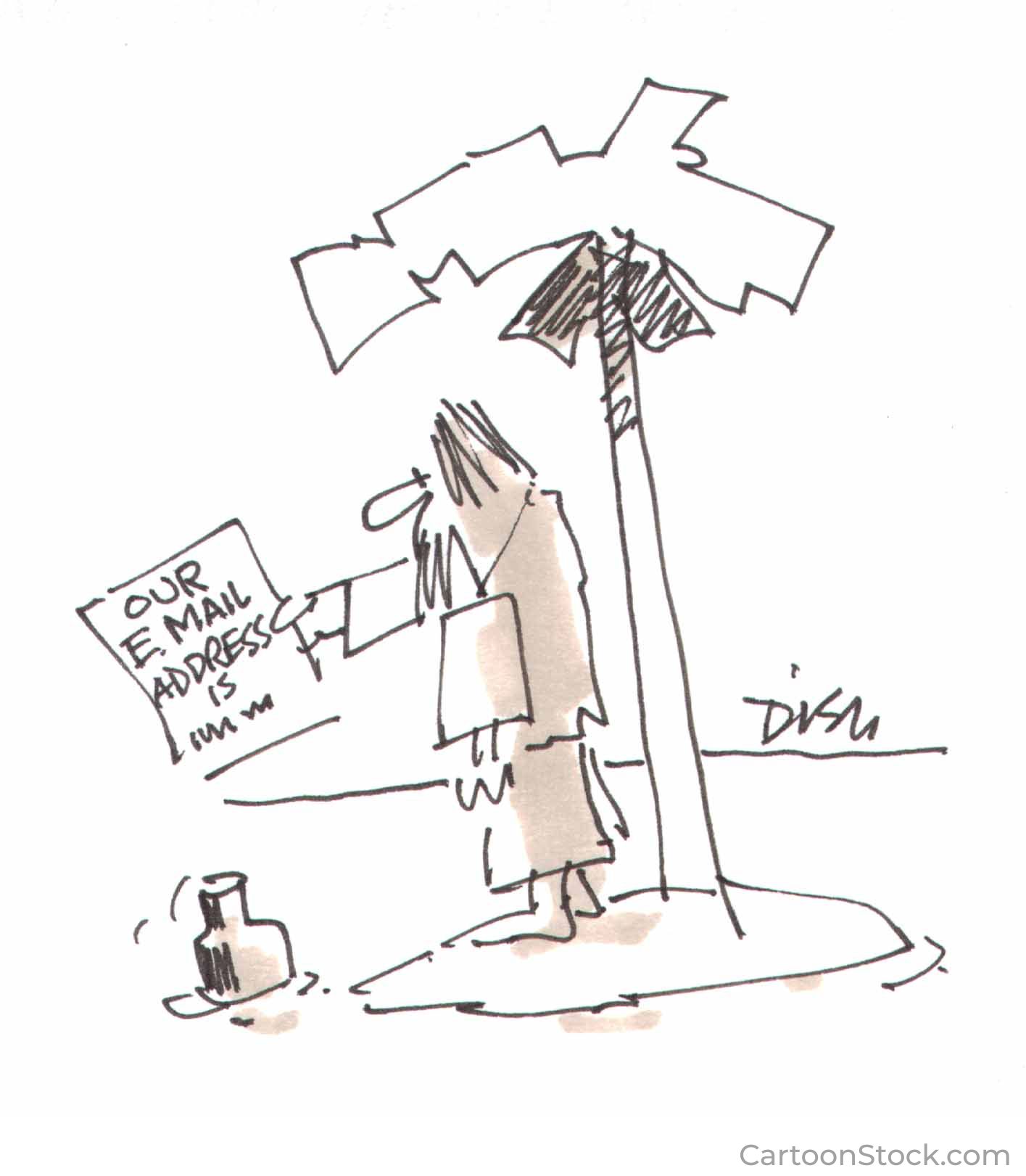 a simple cartoon sketch depicting a bearded, disheveled man standing on a tiny desert island beneath a single palm tree. He's holding a note that reads: "Our e-mail address is…," with the actual address unclear. Near his feet is an open bottle, presumably used for sending messages, emphasizing humorous irony about being isolated yet referencing digital communication. The drawing is minimalistic, outlined with loose pen strokes, and shaded lightly.