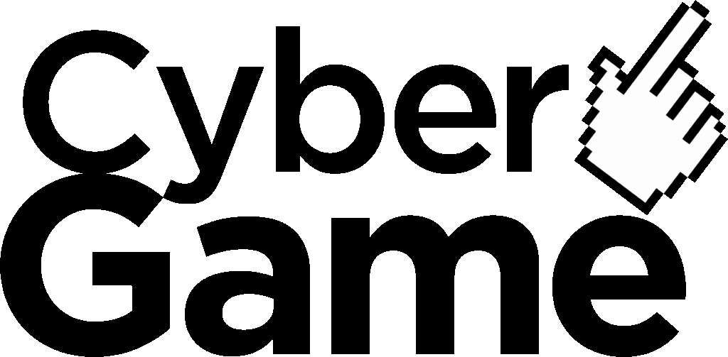 the logo for "Cyber Game" on a dark green background. The words "Cyber" and "Game" are stacked vertically in a large, black, sans-serif font. To the upper right, a white, pixelated, hand-shaped mouse cursor with a black outline is pointing at the text.
