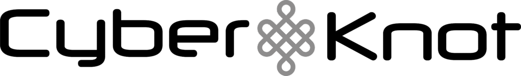 the CyberKnot logo on a dark green background. The logo features the word "Cyber" in a black, modern font, followed by a gray, intricate symbol of an endless knot. The design concludes with the word "Knot" in the same black font.