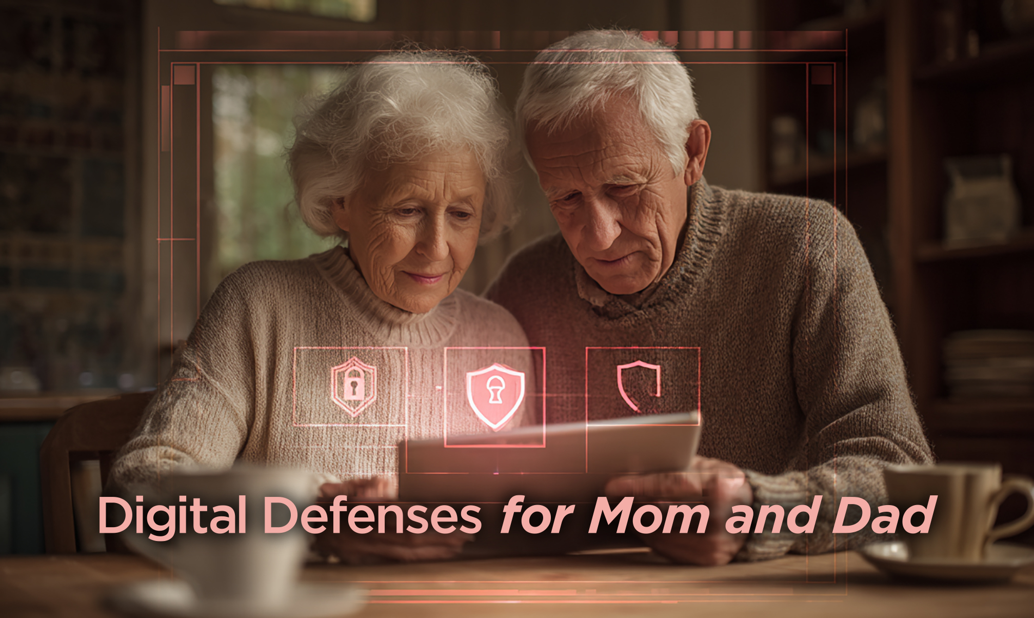 an elderly couple, a man and a woman, sitting closely together at a wooden table. They are looking intently at a tablet computer that the man is holding. Superimposed over the image are glowing red, futuristic graphics, including a frame around the couple and three cybersecurity icons (a padlock and shields) floating above the tablet. Across the bottom of the image, the text reads: "Digital Defenses for Mom and Dad".