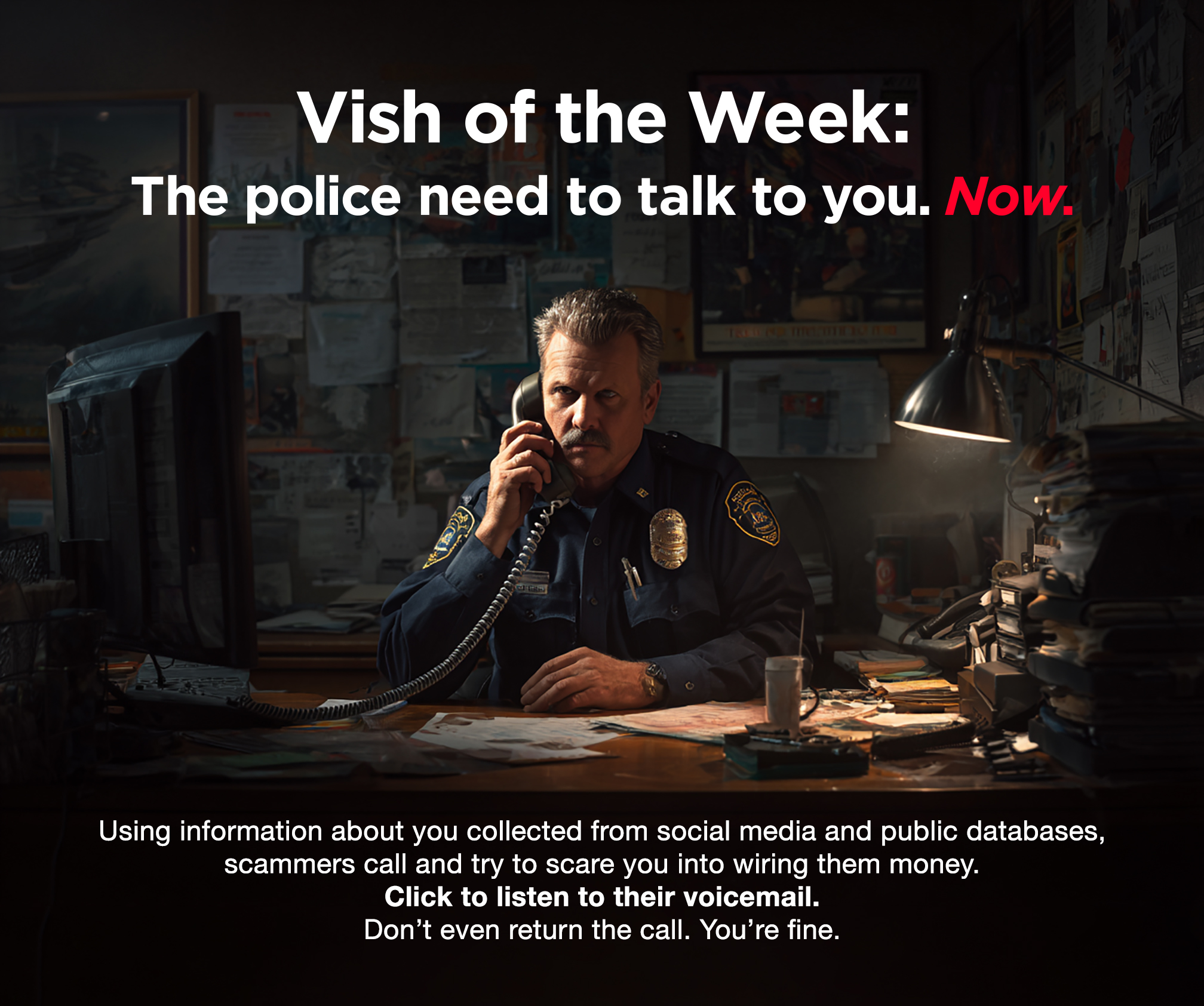 a police officer with a mustache and a stern expression, sitting at a cluttered desk in a dimly lit office while on the phone. Text at the top of the image reads, "Vish of the Week: The police need to talk to you. Now.", with the word "Now" highlighted in red. Text at the bottom explains the scam: "Using information about you collected from social media and public databases, scammers call and try to scare you into wiring them money. Click to listen to their voicemail. Don't even return the call. You're fine."