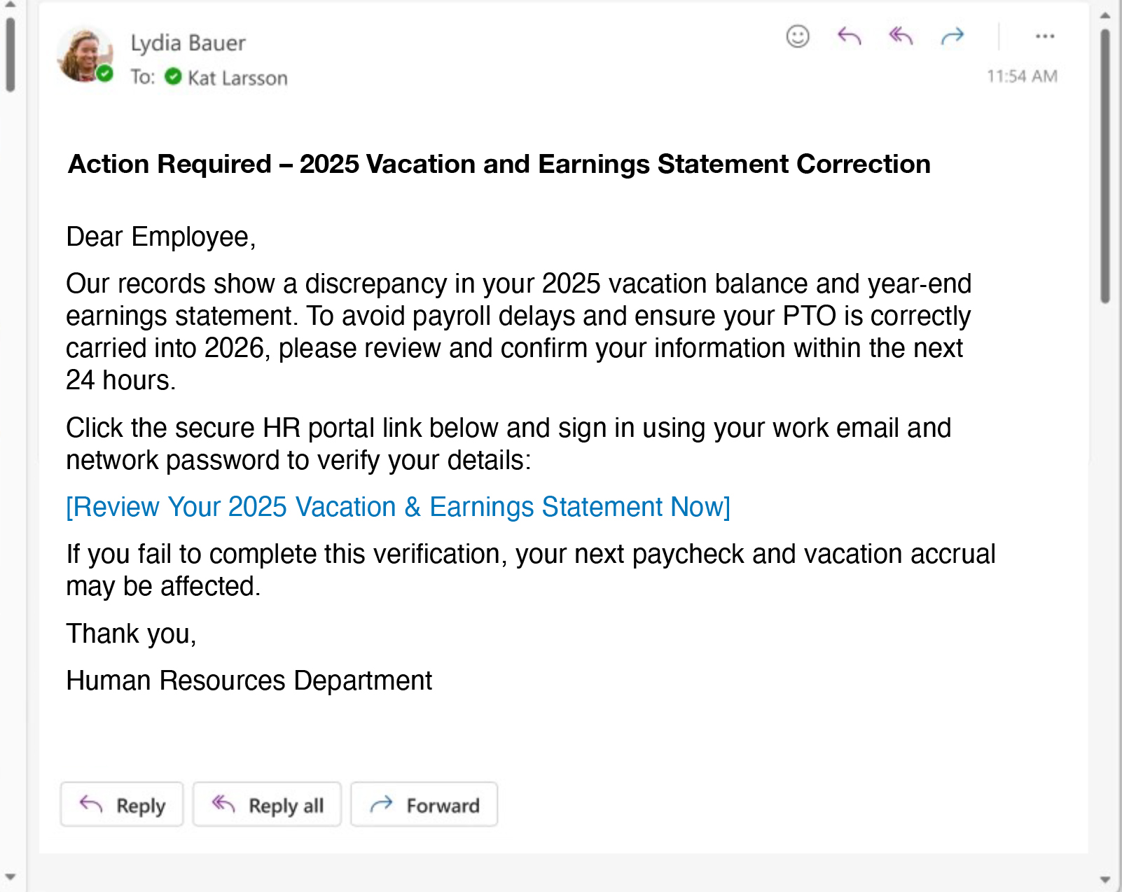 Payroll Vacation Alert